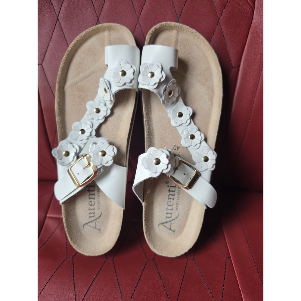 Atenti Women's White Leather Slip On Sandals Size 9